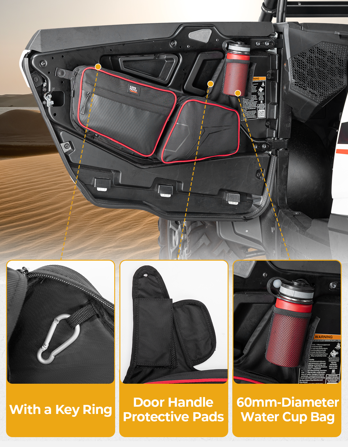Kemimoto UTV Front Side Door Bags Red for Polaris RZR