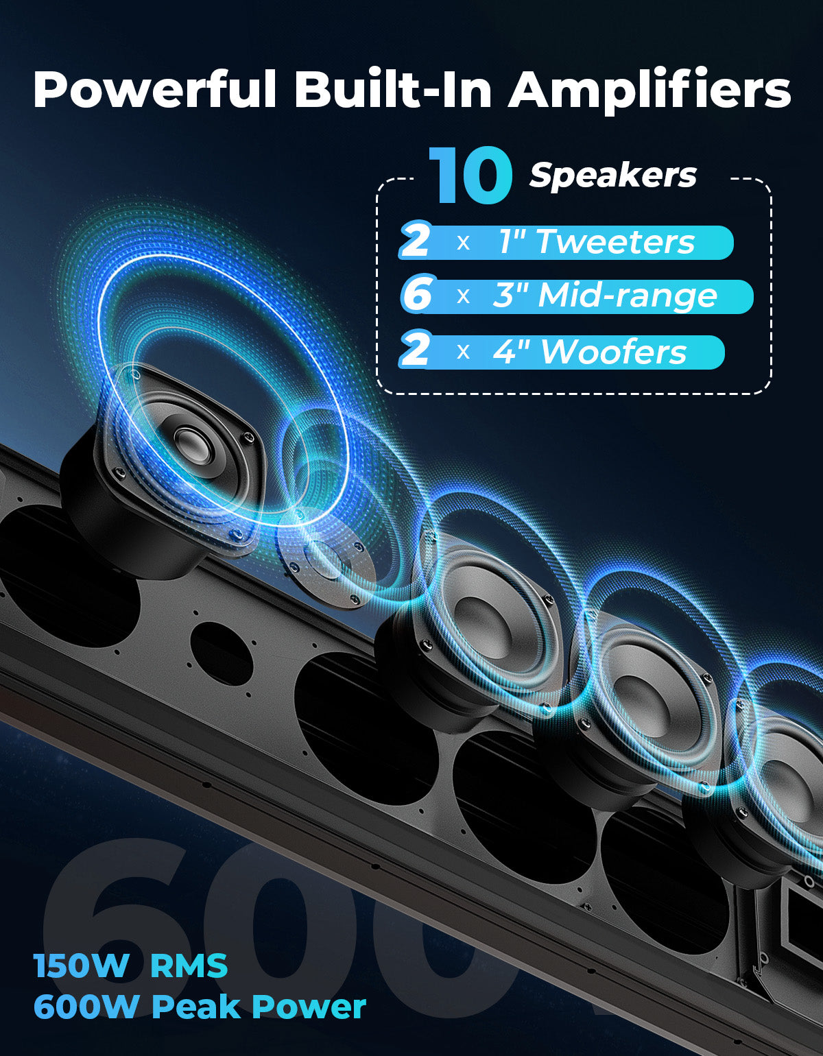 Kemimoto 10‑Speaker Aluminum RGB Sound Bar for UTV
