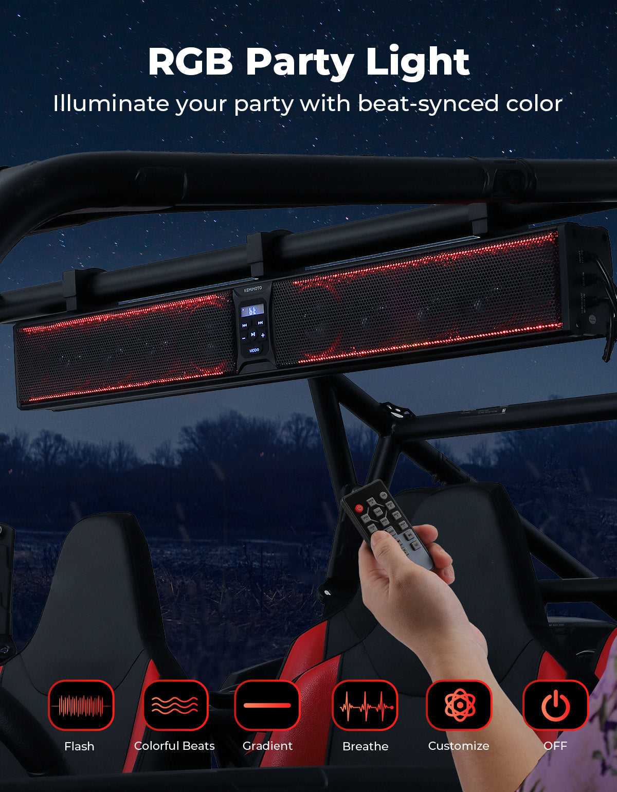 Kemimoto 10‑Speaker Aluminum RGB Sound Bar for UTV