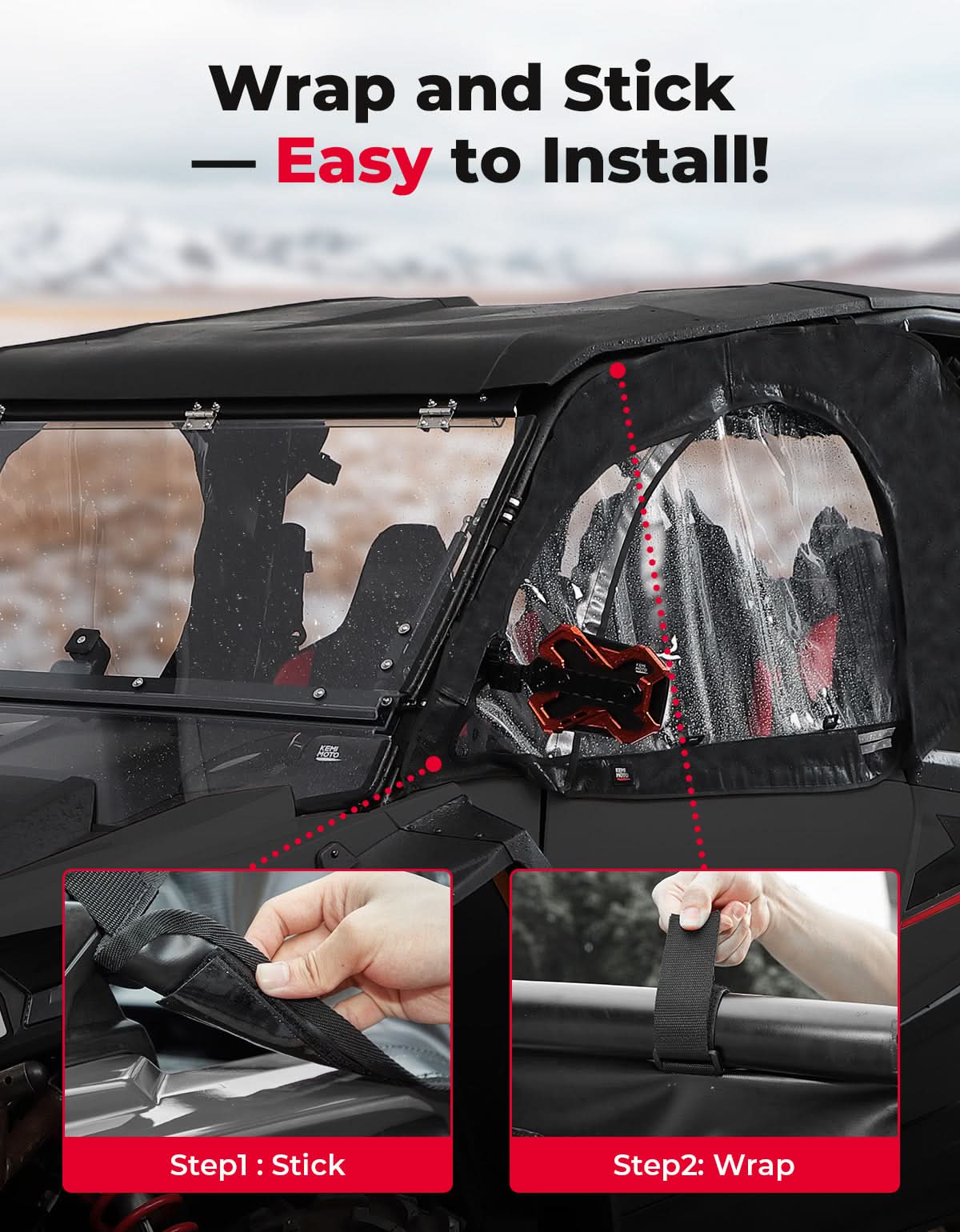 Kemimoto UTV Soft Cab Enclosure Roll-Up Window Black