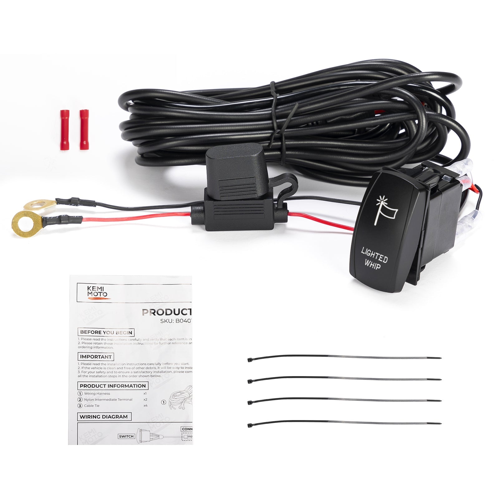 Kemimoto Whip Lights Rocker Switch Wiring Harness for 12V UTV