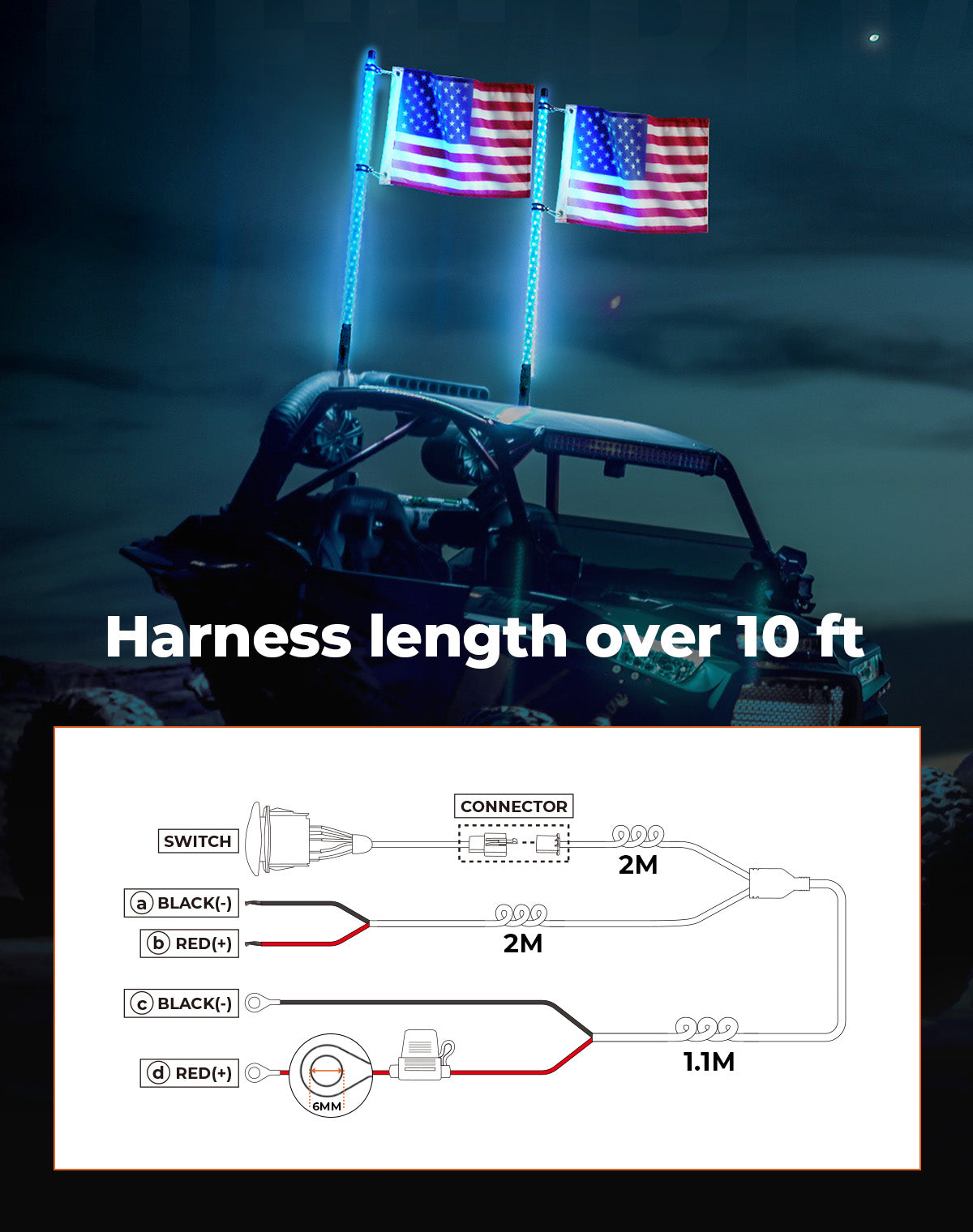 Kemimoto Whip Lights Rocker Switch Wiring Harness for 12V UTV