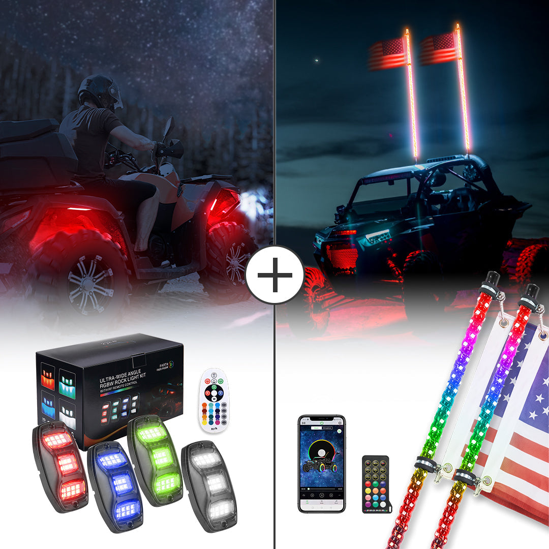 Kemimoto 4‑8 Pod RGB Rock Light Kit Spiral Whip Lights