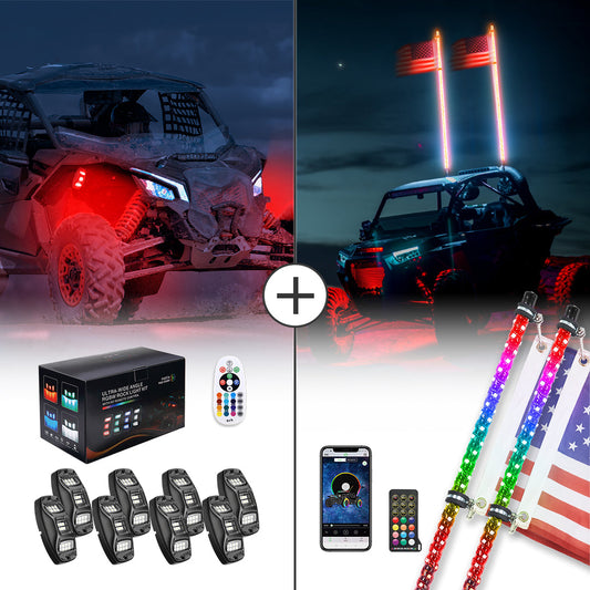 Kemimoto 4‑8 Pod RGB Rock Light Kit Spiral Whip Lights