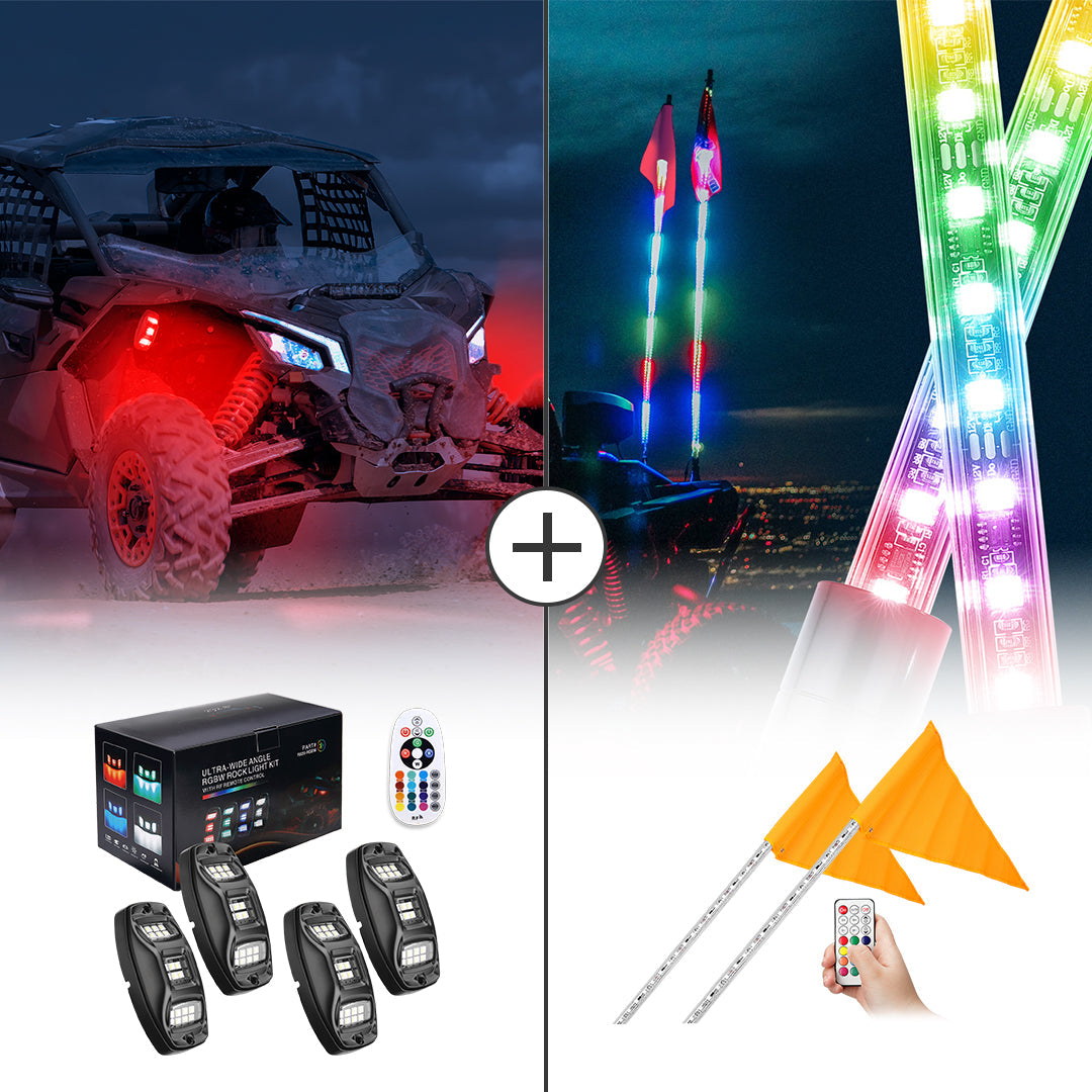 Kemimoto UTV Rock Light Kit 5FT Whip, 4‑Pod & 8‑Pod Options