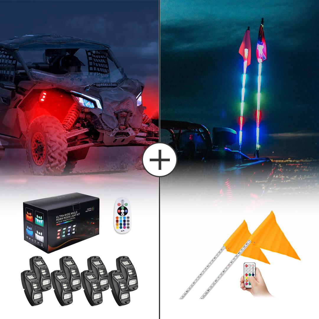 Kemimoto UTV Rock Light Kit 5FT Whip, 4‑Pod & 8‑Pod Options