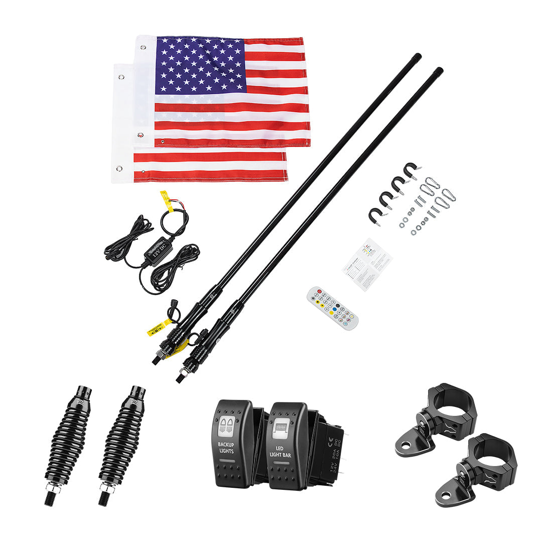 Kemimoto 2pcs 4FT Black LED Whip Light with RF Remote
