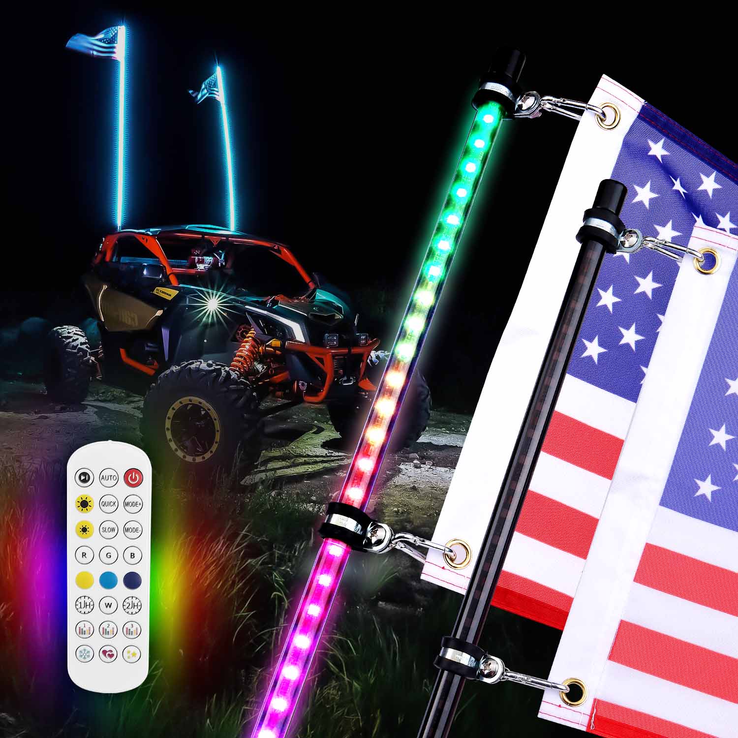 Kemimoto 2pcs 4FT Black LED Whip Light with RF Remote