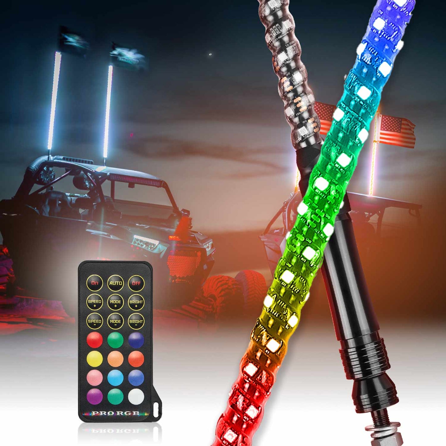 KEMIMOTO Spiral Whip Light RF Remote Control 366 Colors 3FT