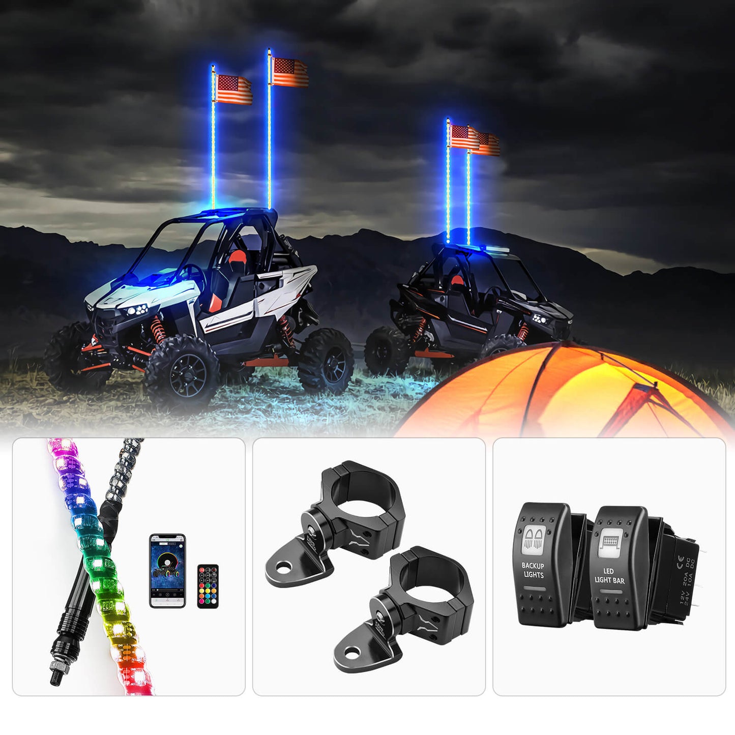 KEMIMOTO Whip Lights 3/4/5FT Spiral LED With RF Remote