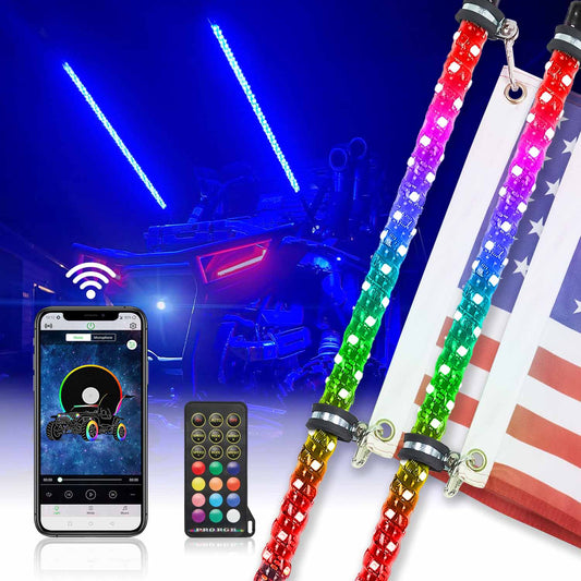 Kemimoto 5ft 2pcs Spiral Whip Lights Bluetooth Control Turn Signal