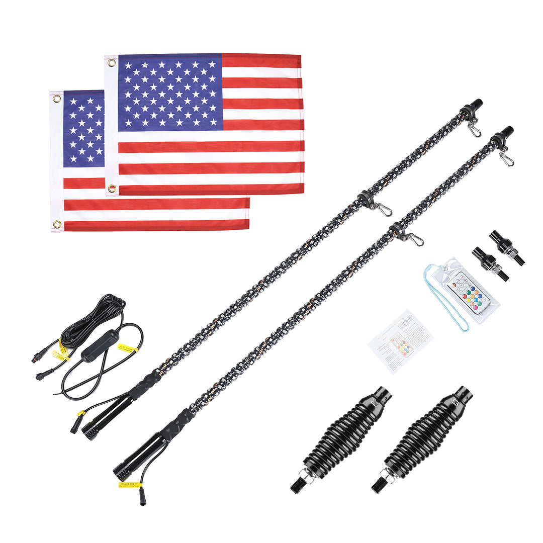 Kemimoto 4FT Spiral Whip Light with RF Remote, 366 Colors