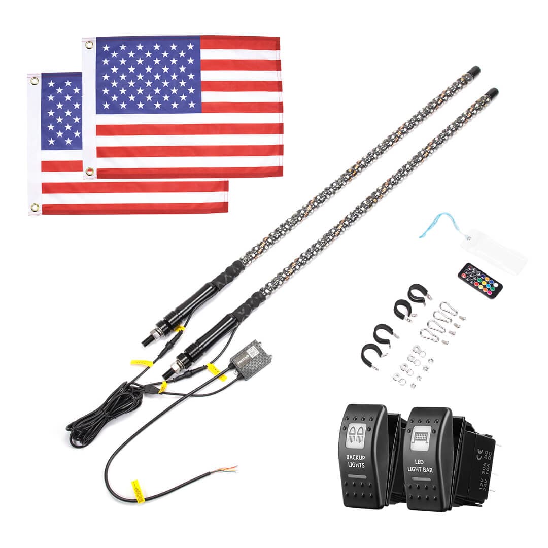 Kemimoto 3FT UTV Spiral Whip Lights Bluetooth Control