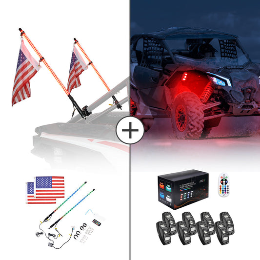 Kemimoto 3FT COB Whip Lights & RGB Rock Kit for UTV