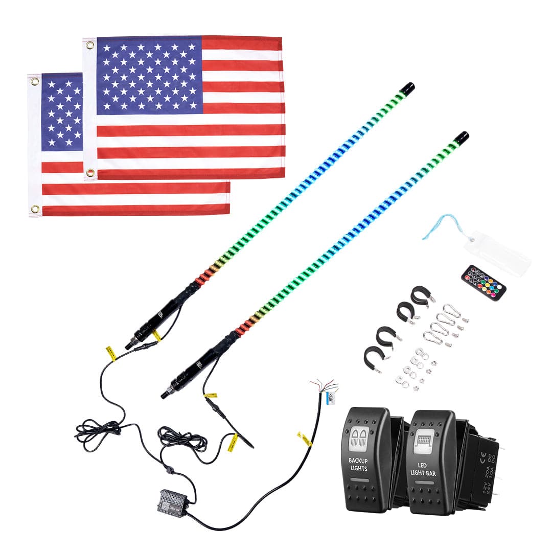 Kemimoto 2PCS 3FT COB Whip Lights Remote App for UTV