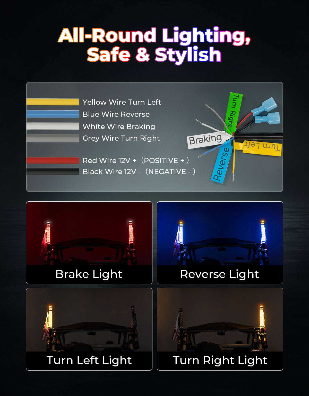 Kemimoto 2PCS 2FT LED Whip Lights RGB Spiral