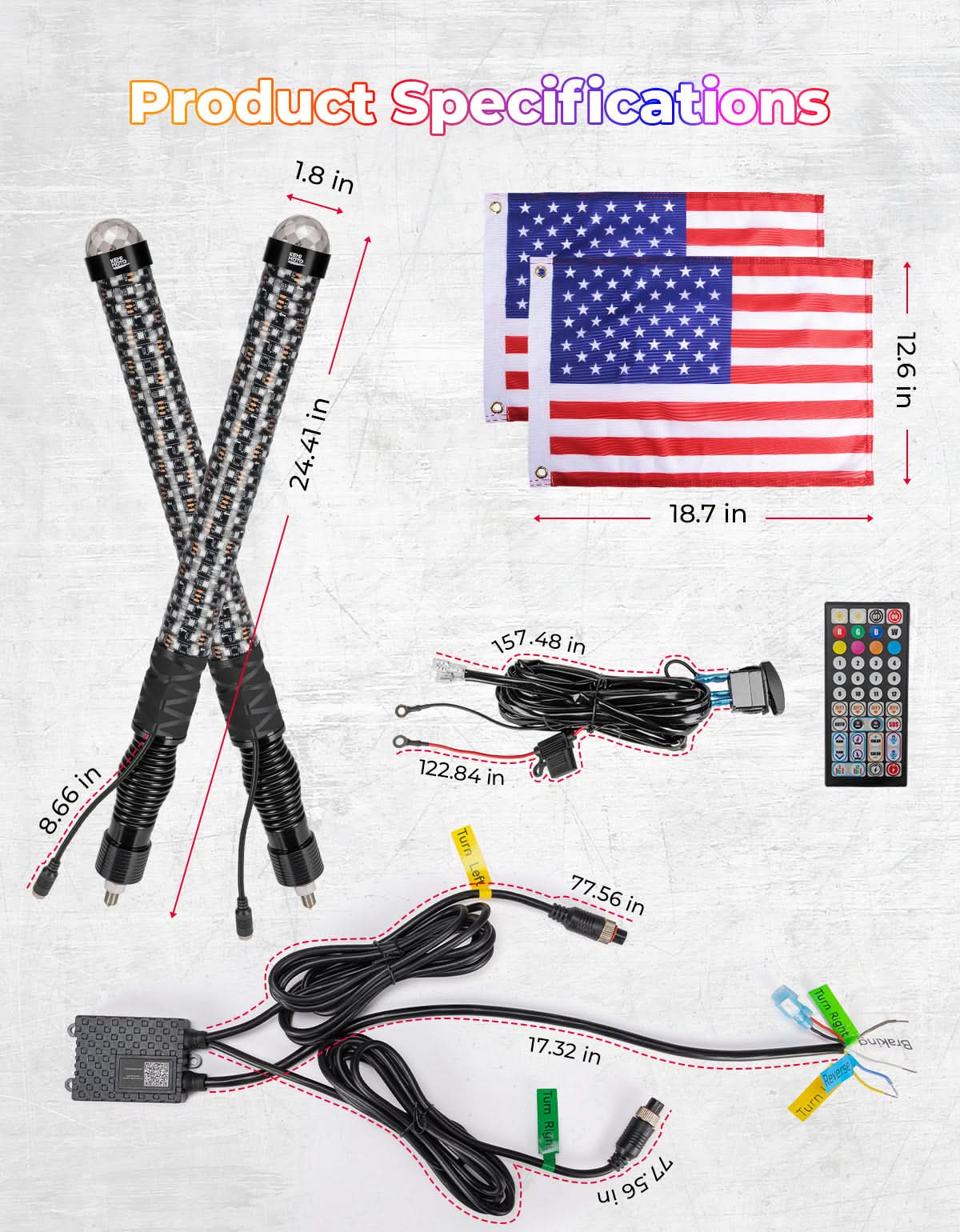 Kemimoto 2PCS 2FT LED Whip Lights RGB Spiral