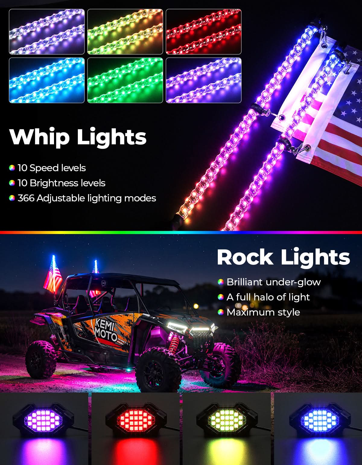 Kemimoto Universal 3FT LED Whip & Rock Lights Combo