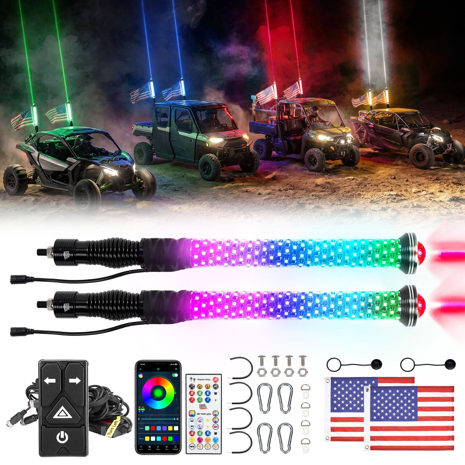 Kemimoto UTV/ATV Universal 2-in-1 2FT RGB Whipless LED Whip Lights
