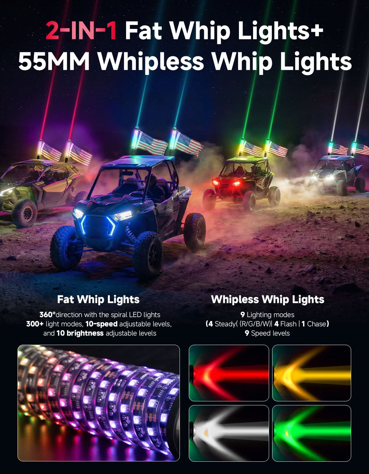 Kemimoto UTV/ATV Universal 2-in-1 2FT RGB Whipless LED Whip Lights