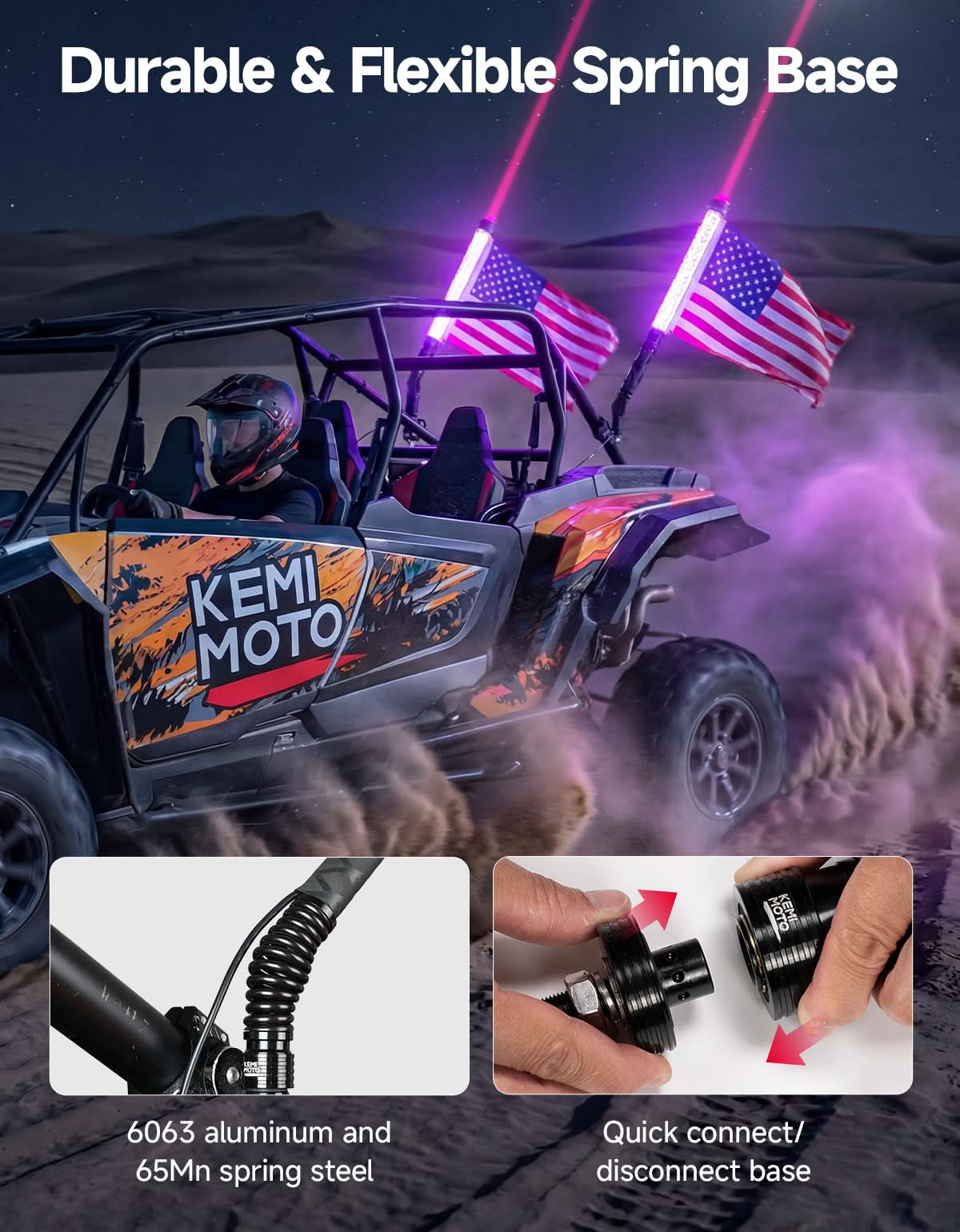 Kemimoto UTV/ATV Universal 2-in-1 2FT RGB Whipless LED Whip Lights