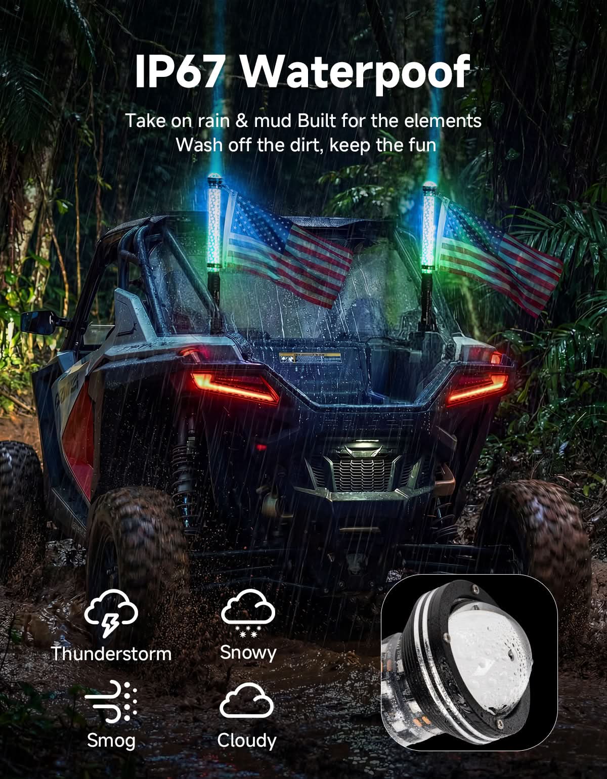 Kemimoto UTV/ATV Universal 2-in-1 2FT RGB Whipless LED Whip Lights