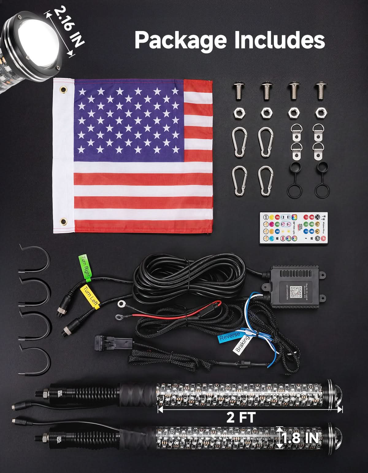 Kemimoto UTV/ATV Universal 2-in-1 2FT RGB Whipless LED Whip Lights