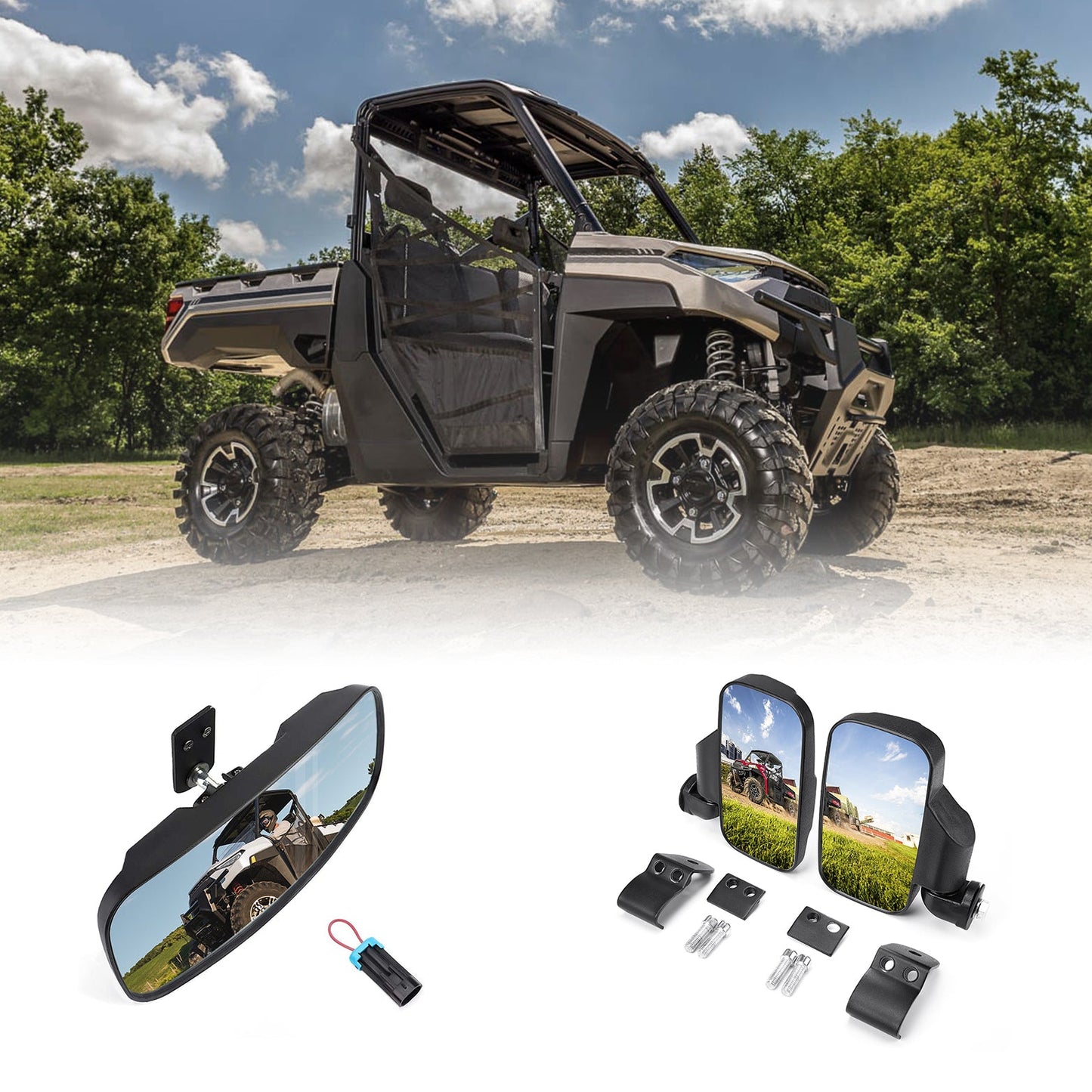 Kemimoto Rear View & Side Mirrors for Polaris Ranger 2015‑2024