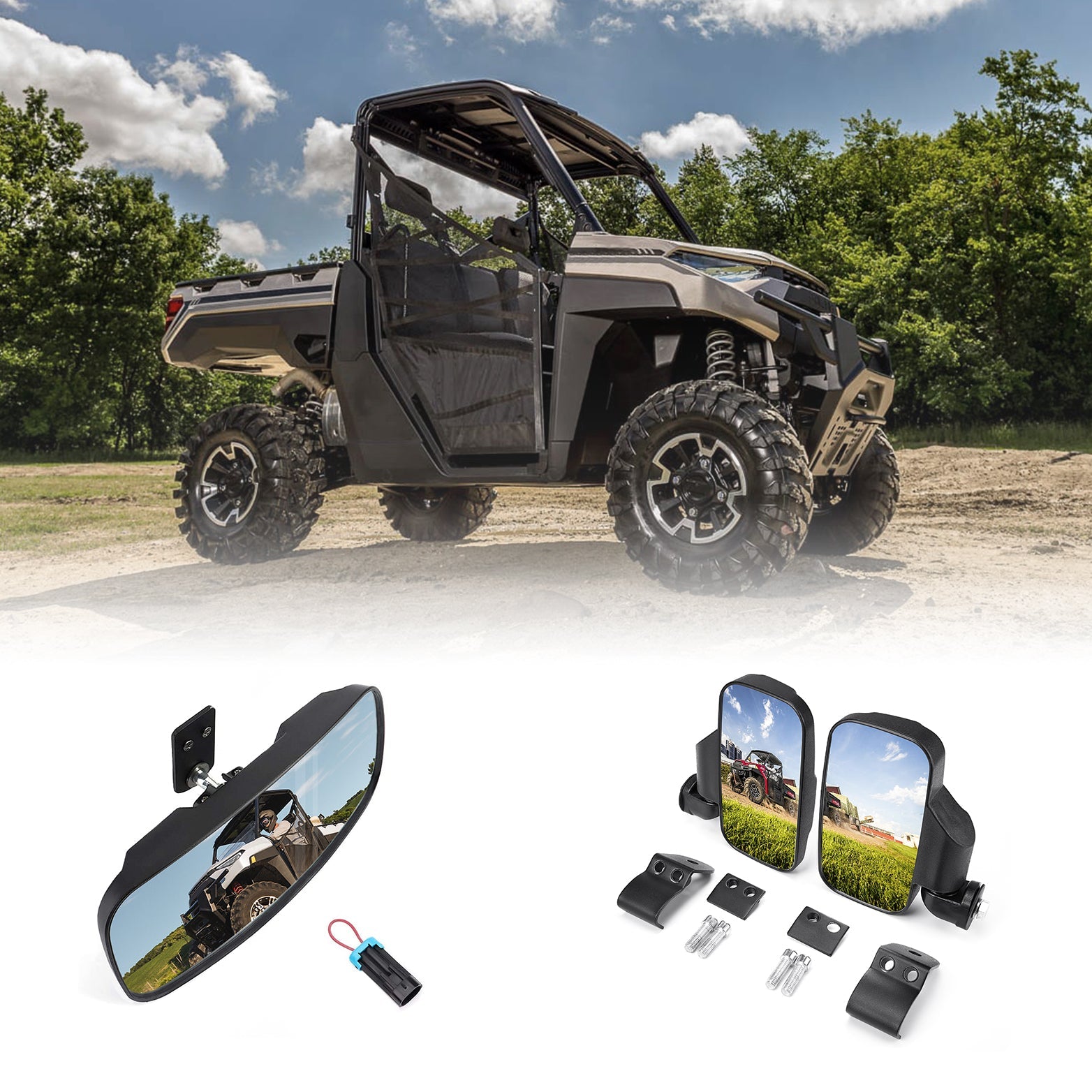 Kemimoto Rear View & Side Mirrors for Polaris Ranger 2015‑2024