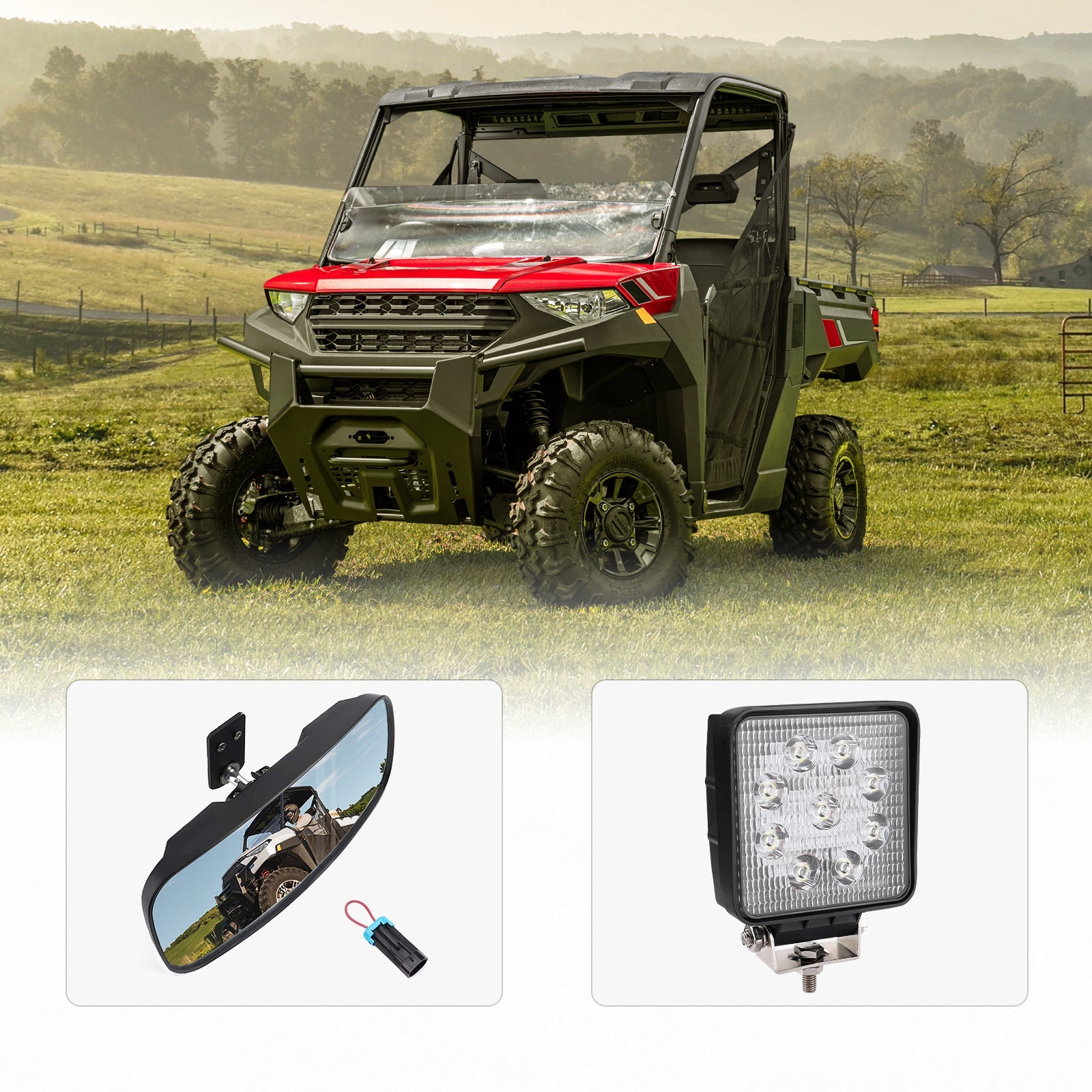 Kemimoto Rear Mirror & 40mm Wafer Light for Polaris Ranger