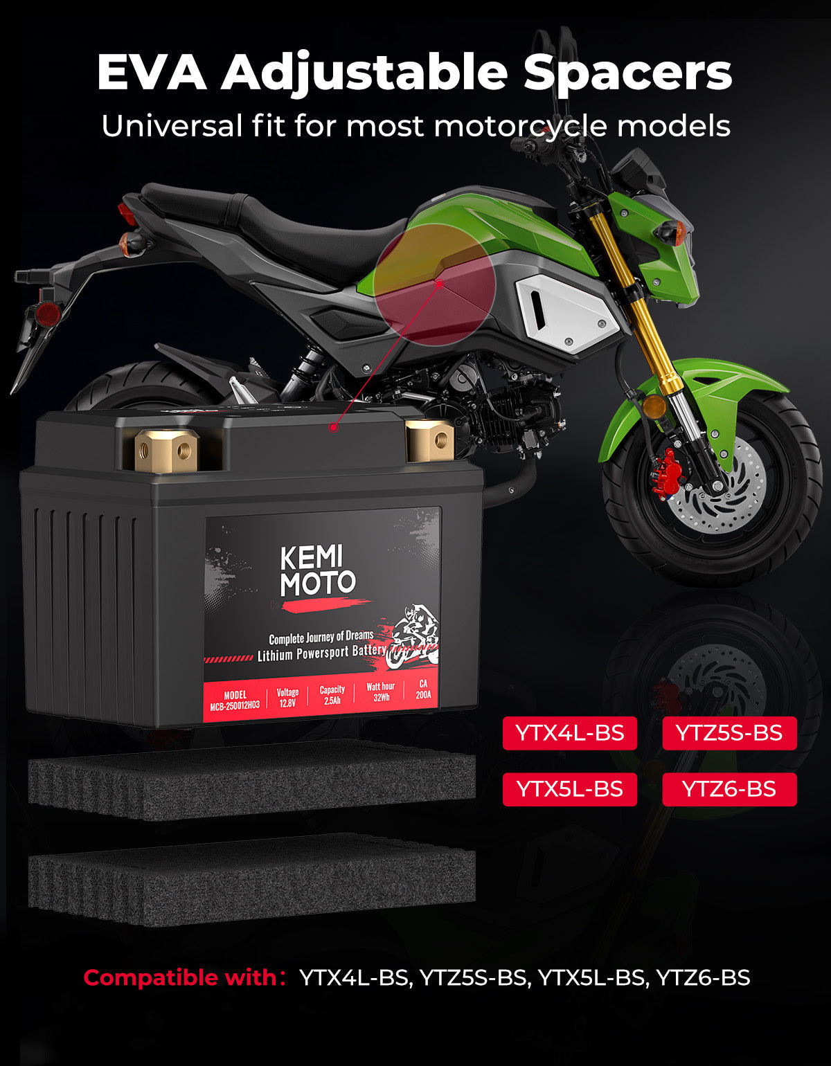 Kemimoto 12V 2.5Ah LiFePO4 Lithium Battery Universal
