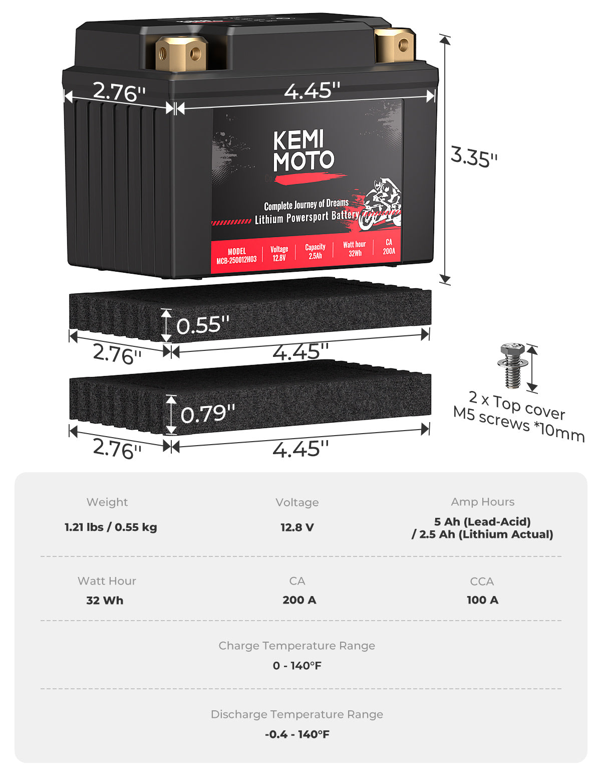 Kemimoto 12V 2.5Ah LiFePO4 Lithium Battery Universal