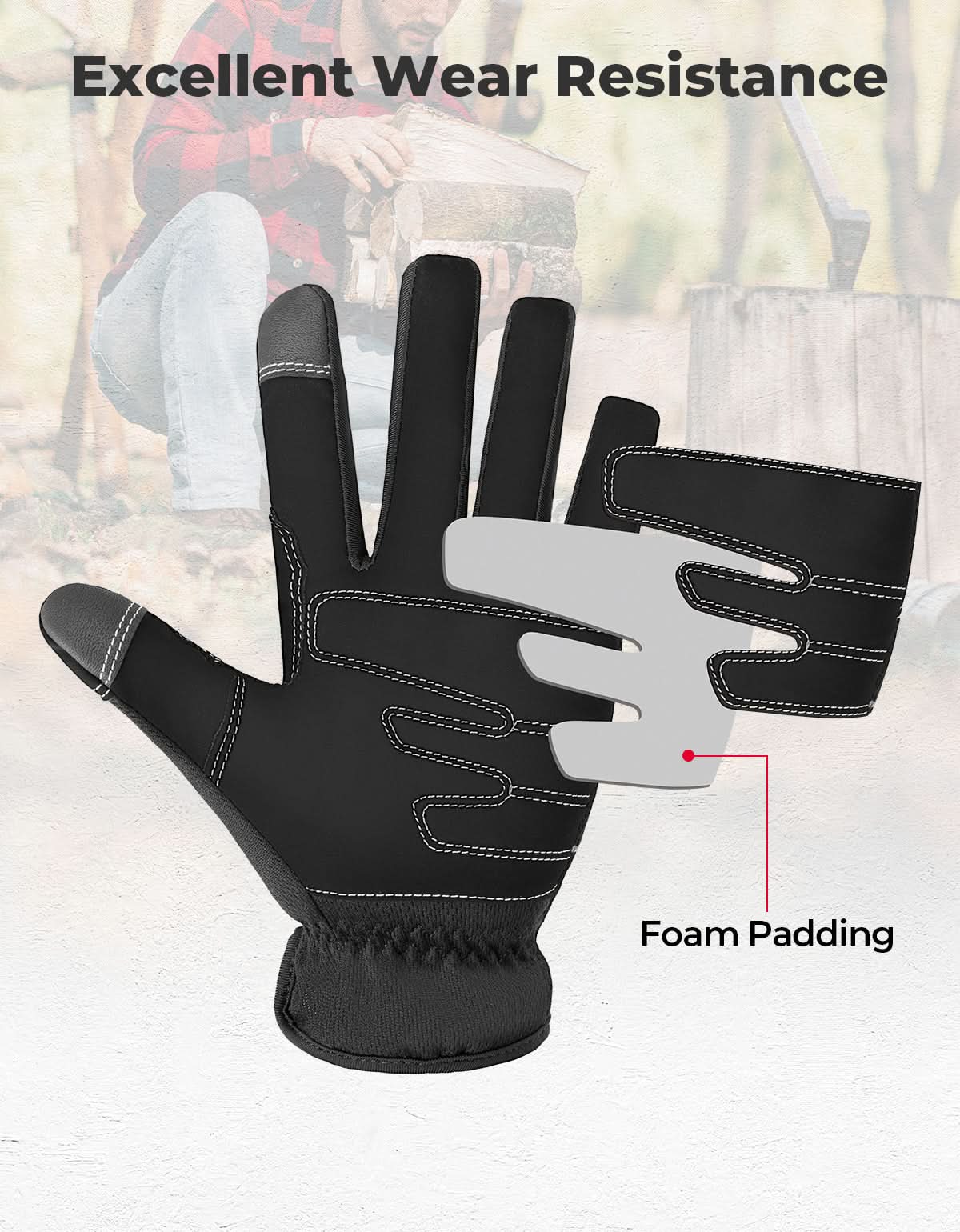 Kemimoto Touchscreen Padded Work Gloves for Men Women Black