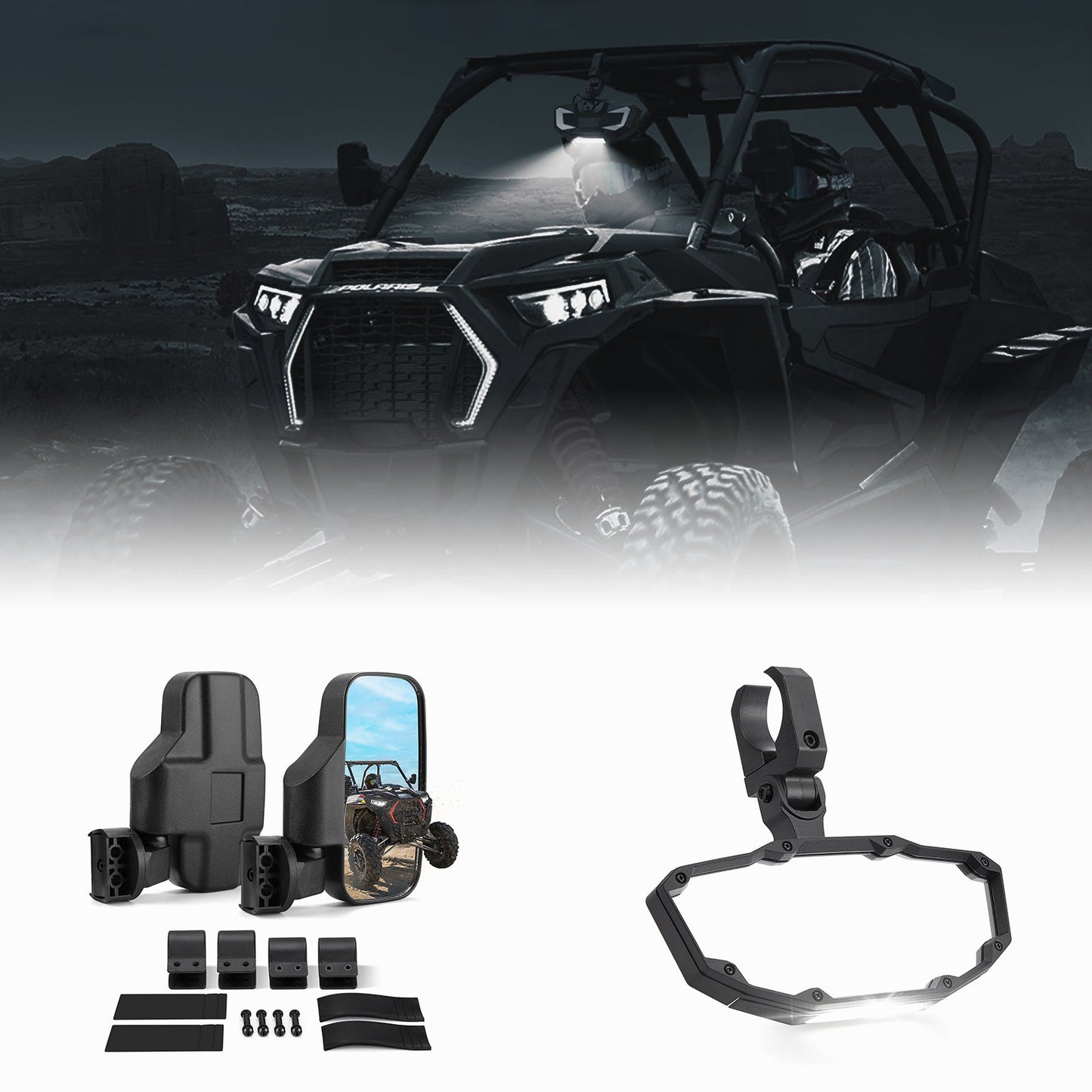 Kemimoto UTV 1.75‑2″ Side View Mirrors and Center Mirror