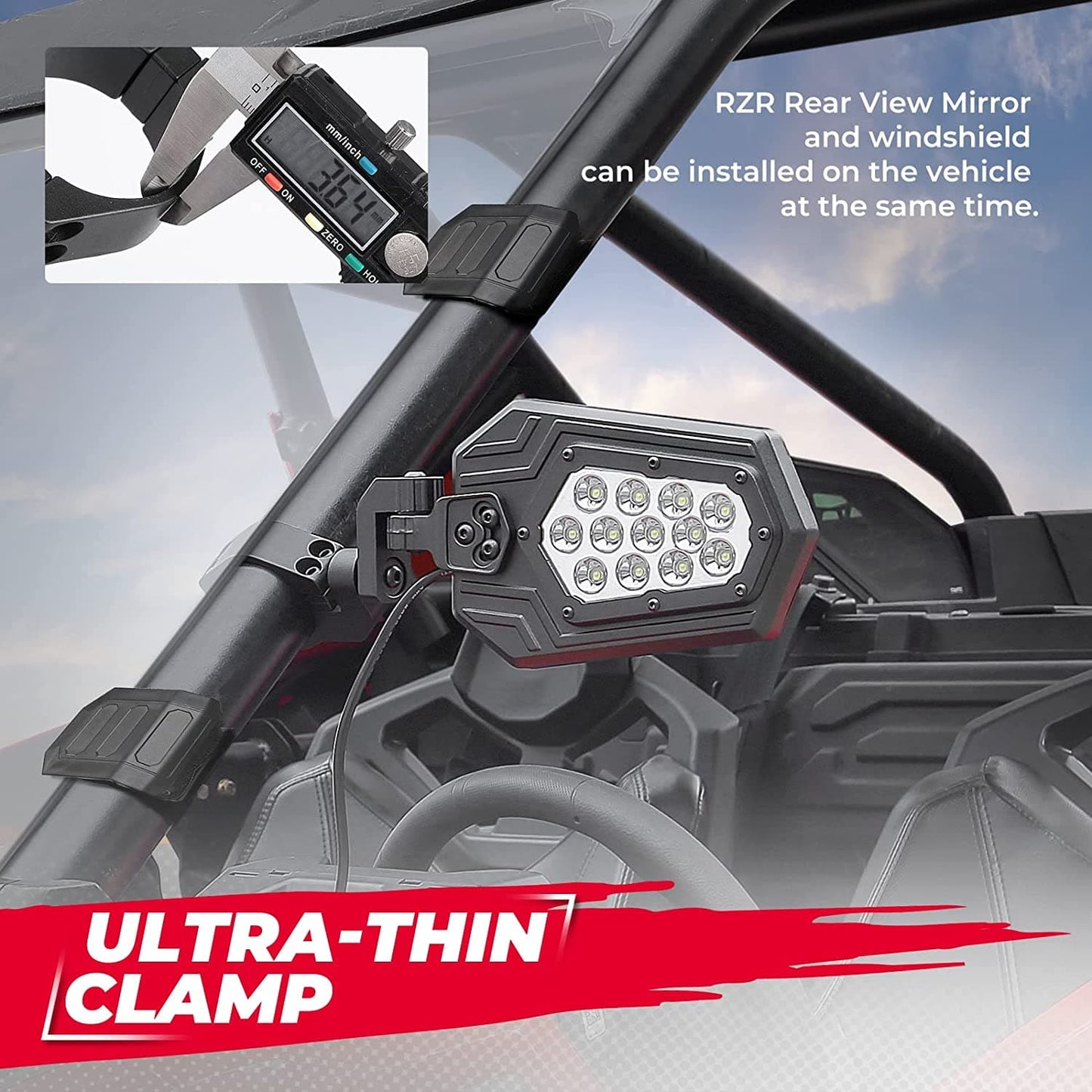 Kemimoto Aluminum Lighted UTV Side Mirrors 12‑LED for Roll Bar