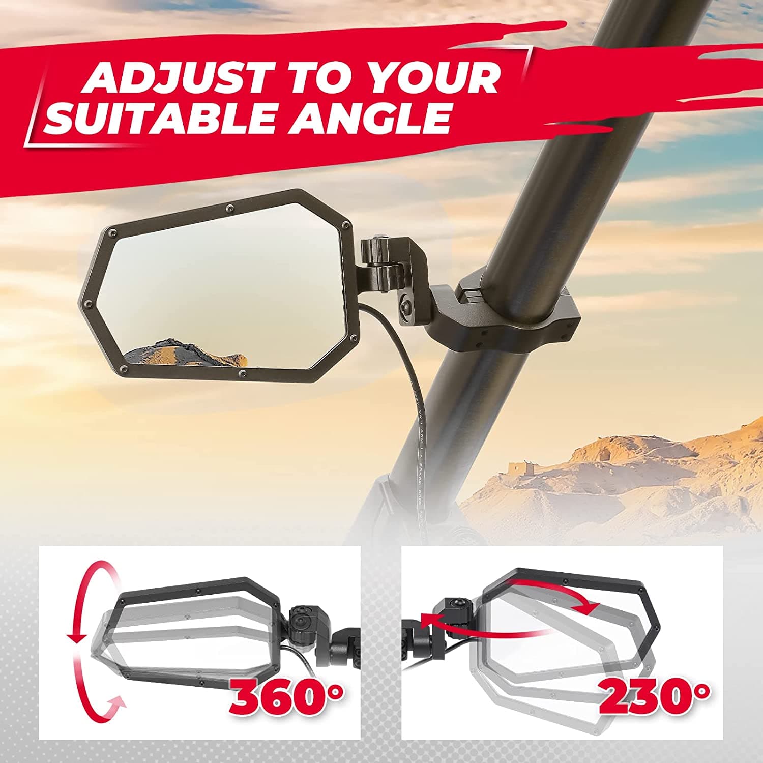 Kemimoto Aluminum Lighted UTV Side Mirrors 12‑LED for Roll Bar