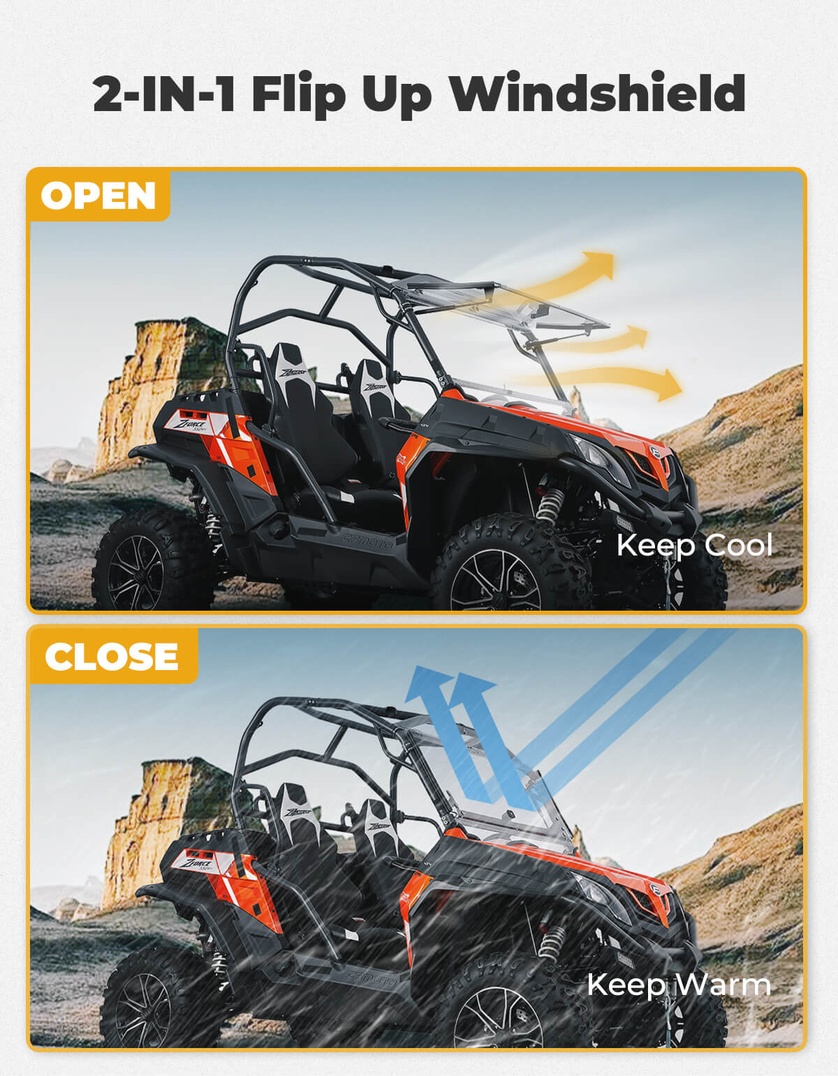 Kemimoto Flip Windshield for CFMOTO ZFORCE 500/800/1000 UTV