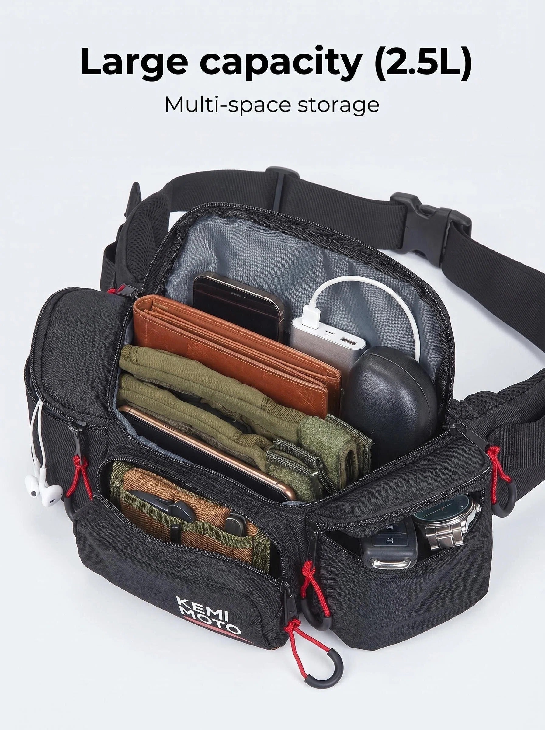 Kemimoto 2.5L Multi-Pocket Waist Bag with Lumbar Support