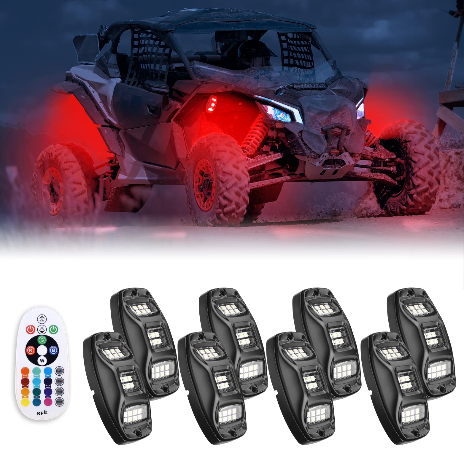 Kemimoto 3FT COB Whip Lights & RGB Rock Kit for UTV