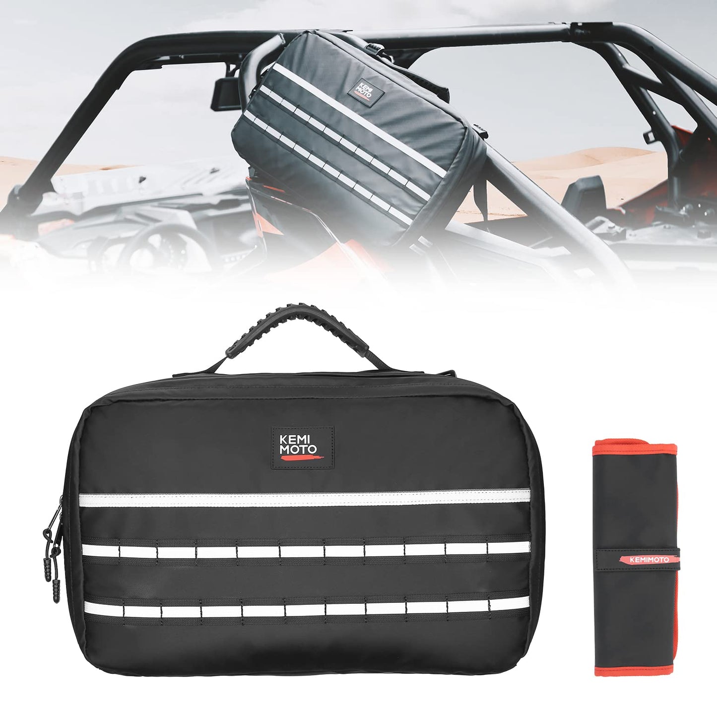 Kemimoto UTV/ATV Belt Storage Bag with Tool Roll for Can‑Am, Polaris