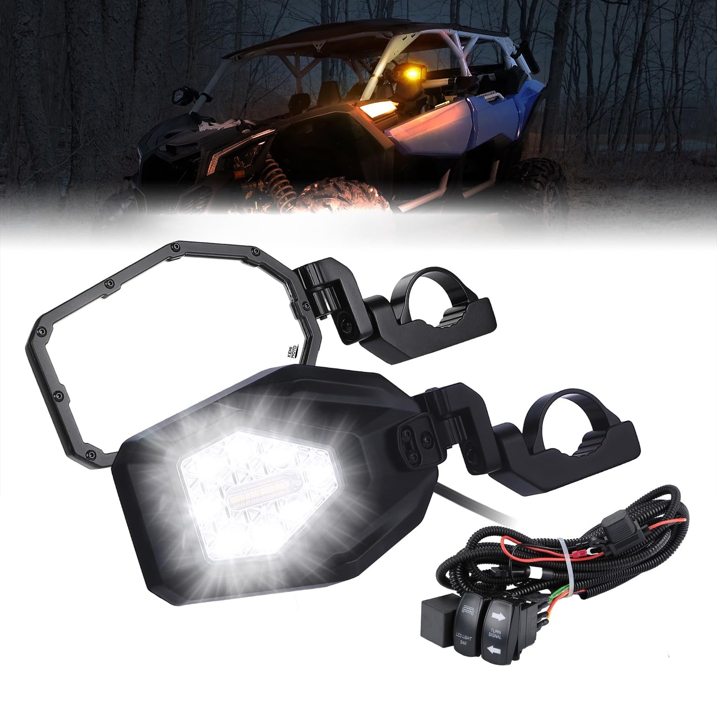 Kemimoto Side Mirrors LED Turn Lights 1.6"-2" Roll Bar