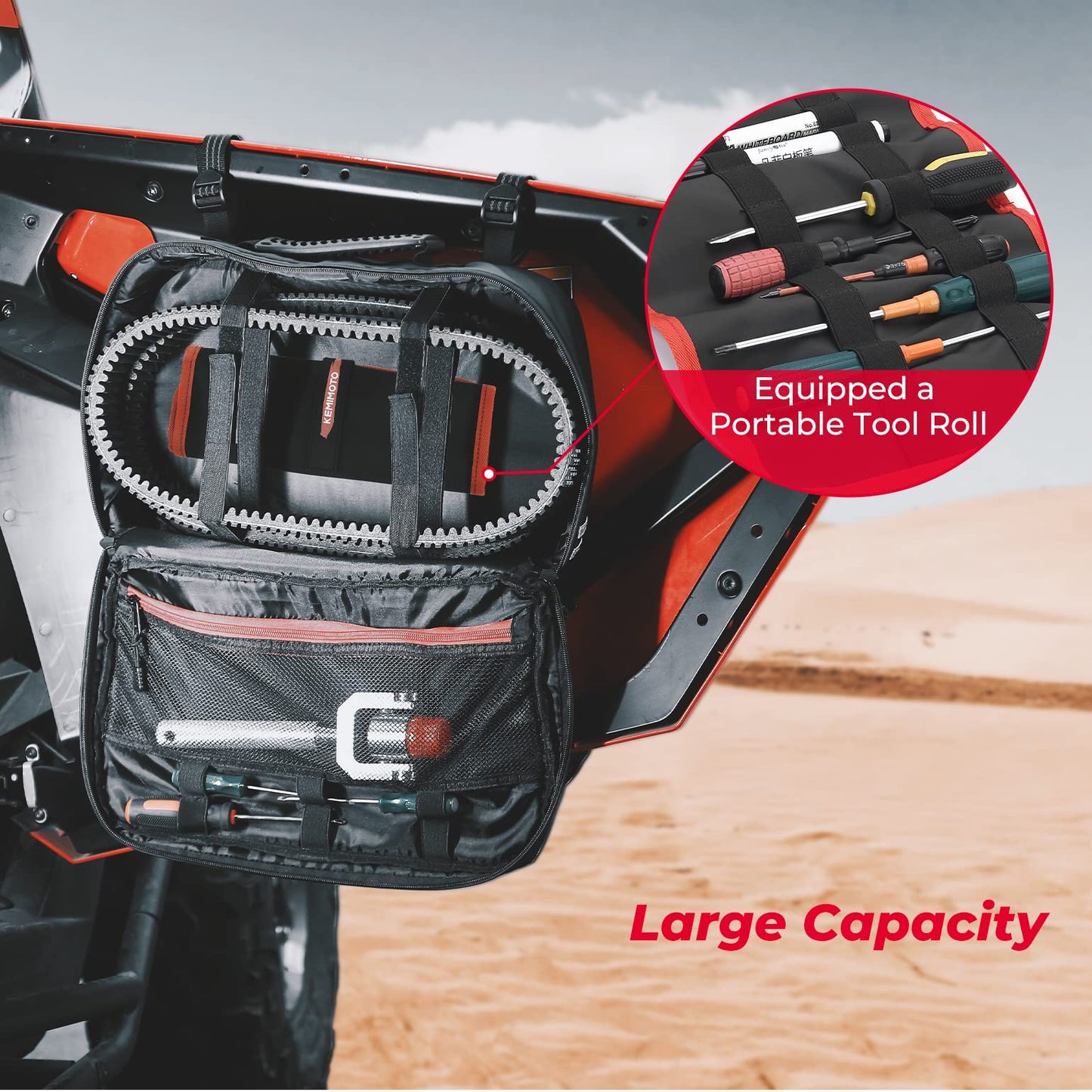 Kemimoto UTV/ATV Belt Storage Bag with Tool Roll for Can‑Am, Polaris