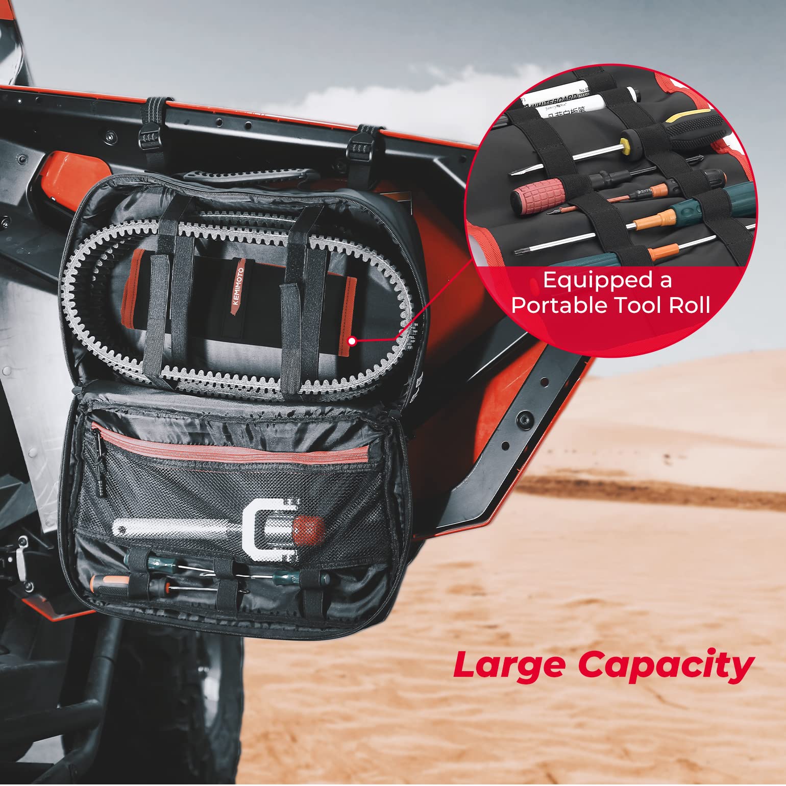 Kemimoto UTV/ATV Belt Storage Bag with Tool Roll for Can‑Am, Polaris