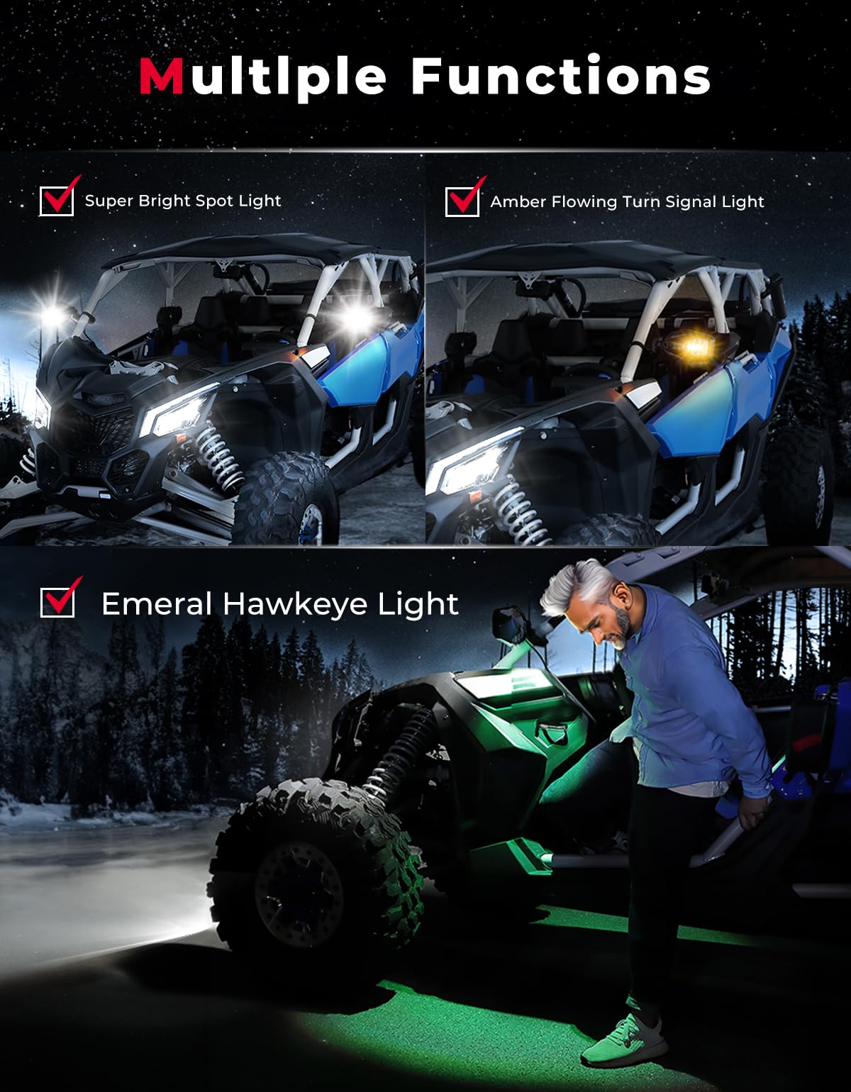 Kemimoto UTV LED Lighted Side Mirrors with Flowing Turn Signal