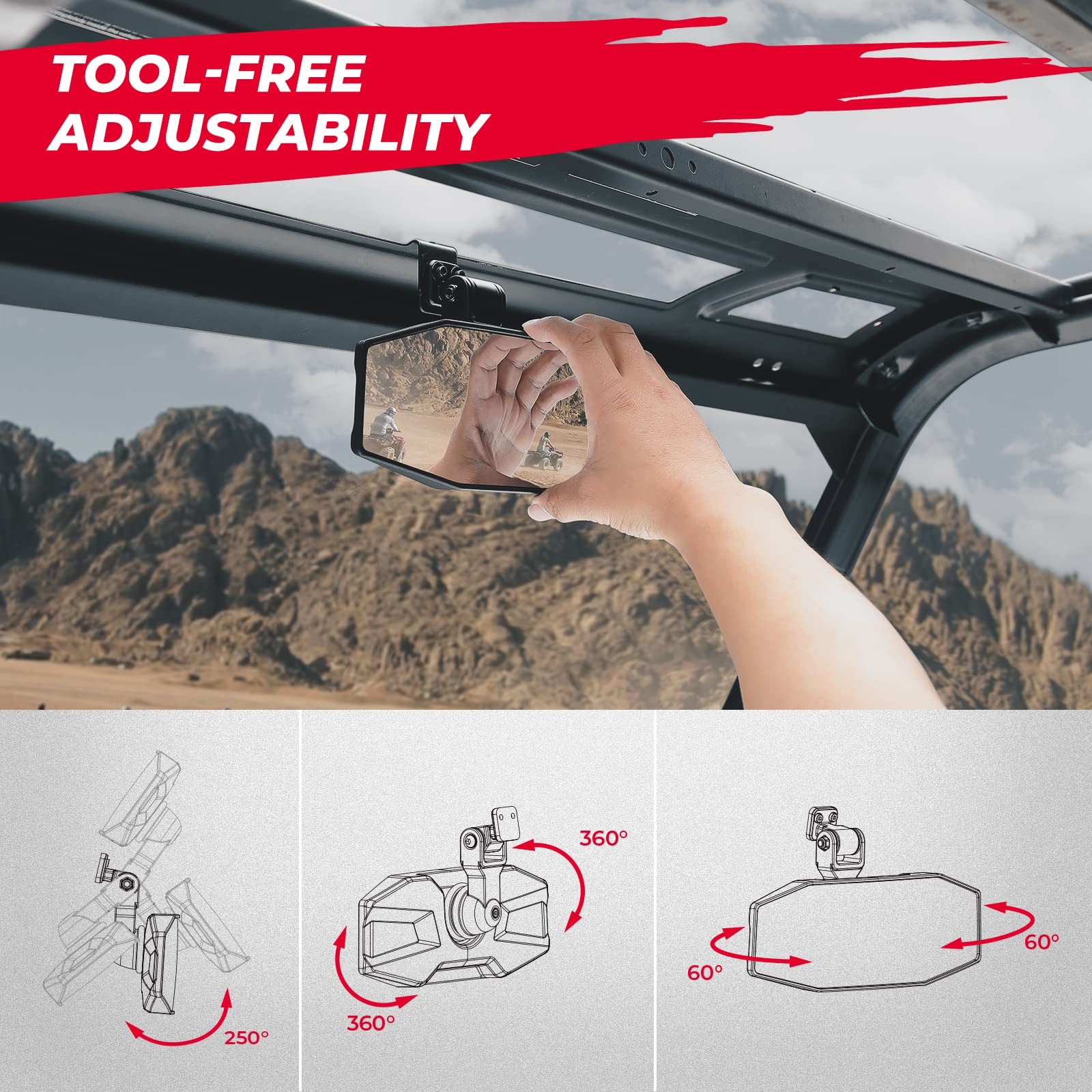Kemimoto Adjustable Wide-View Convex Rear Mirror for Polaris Ranger