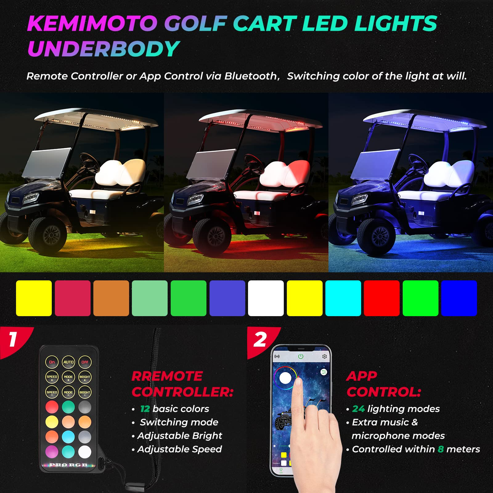 Kemimoto Million Colors Underglow LED Light Kit 12V 12PCS