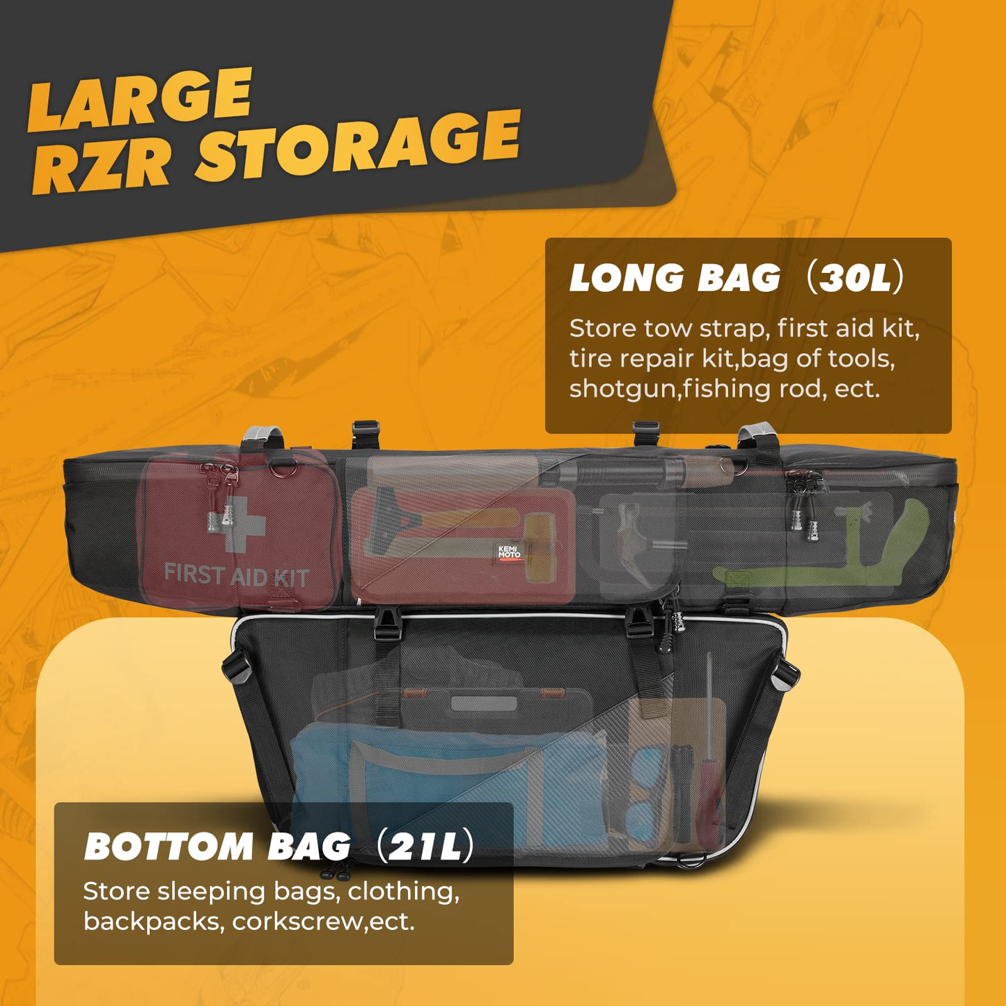 Kemimoto 1680D Rear Cargo Bag for Polaris RZR Waterproof 30L