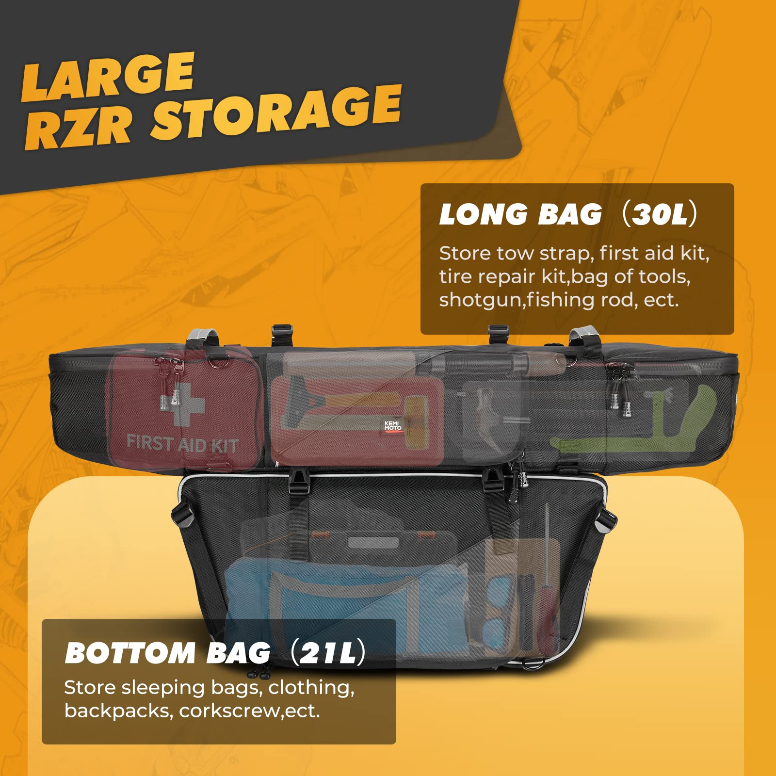 Kemimoto 1680D Rear Cargo Bag for Polaris RZR Waterproof 30L