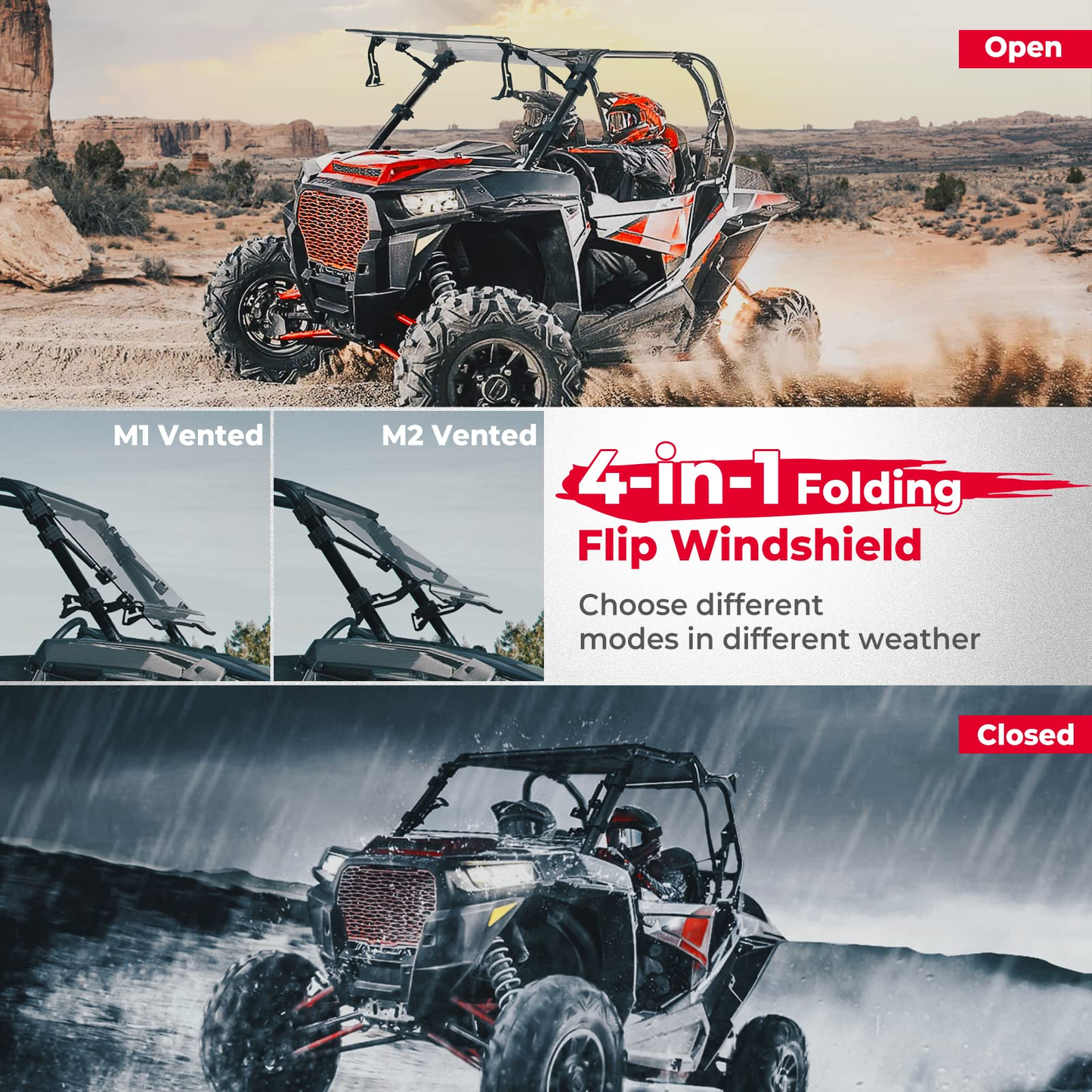Kemimoto 4-IN-1 Flip Windshield for RZR XP 1000/900/Trail S