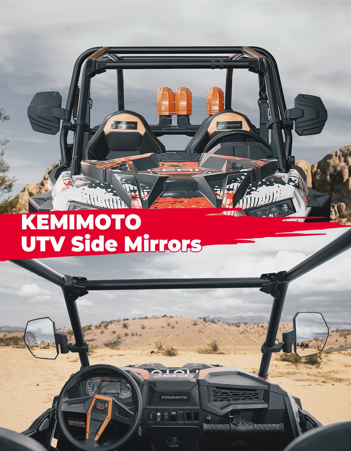 Kemimoto UTV Large View Side Mirrors for Roll Bar
